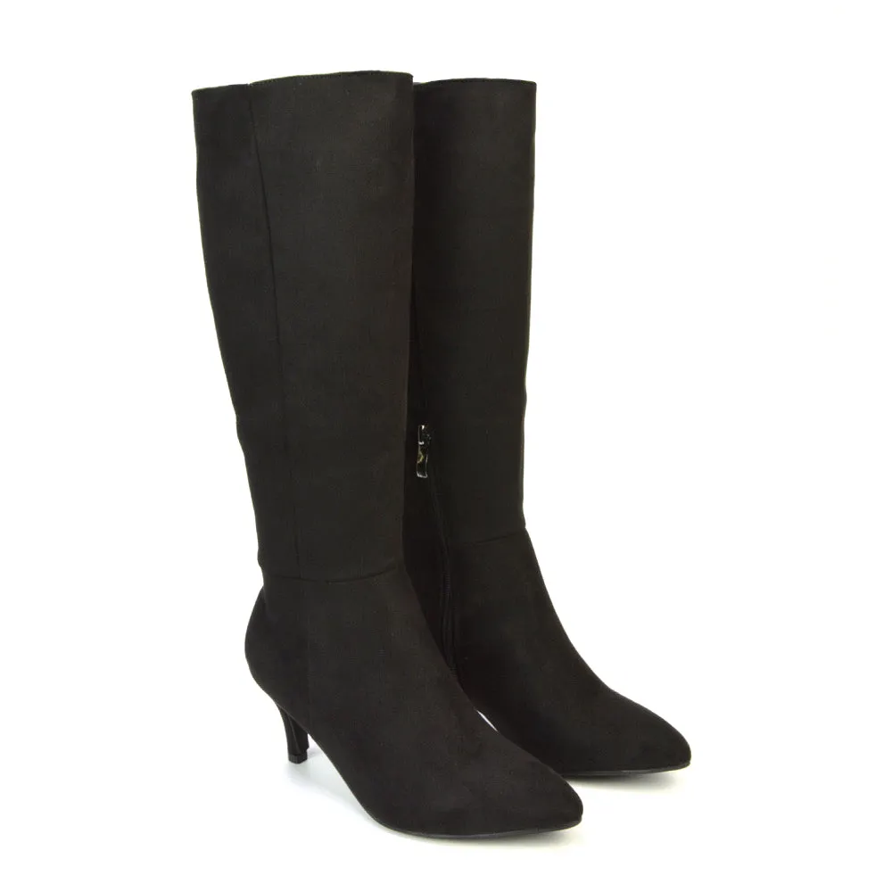 Narla Pointed Toe Mid Stiletto Heel Knee High Boots in Black Synthetic Leather