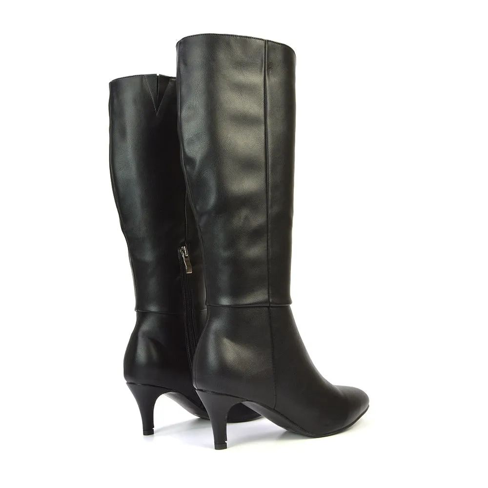 Narla Pointed Toe Mid Stiletto Heel Knee High Boots in Black Synthetic Leather