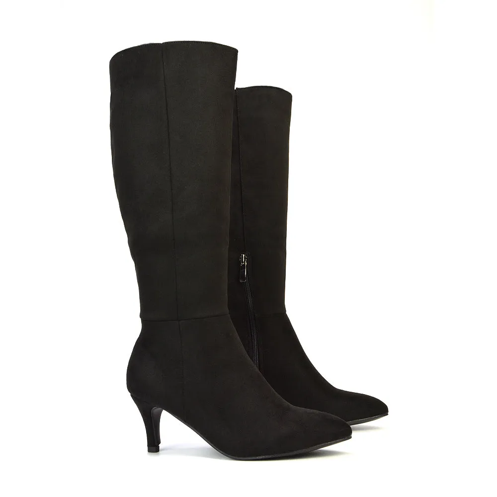 Narla Pointed Toe Mid Stiletto Heel Knee High Boots in Black Synthetic Leather