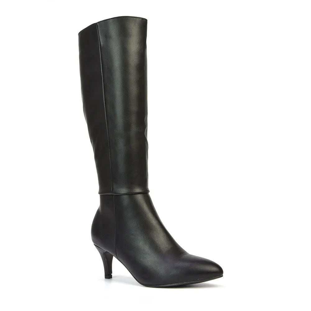 Narla Pointed Toe Mid Stiletto Heel Knee High Boots in Black Synthetic Leather