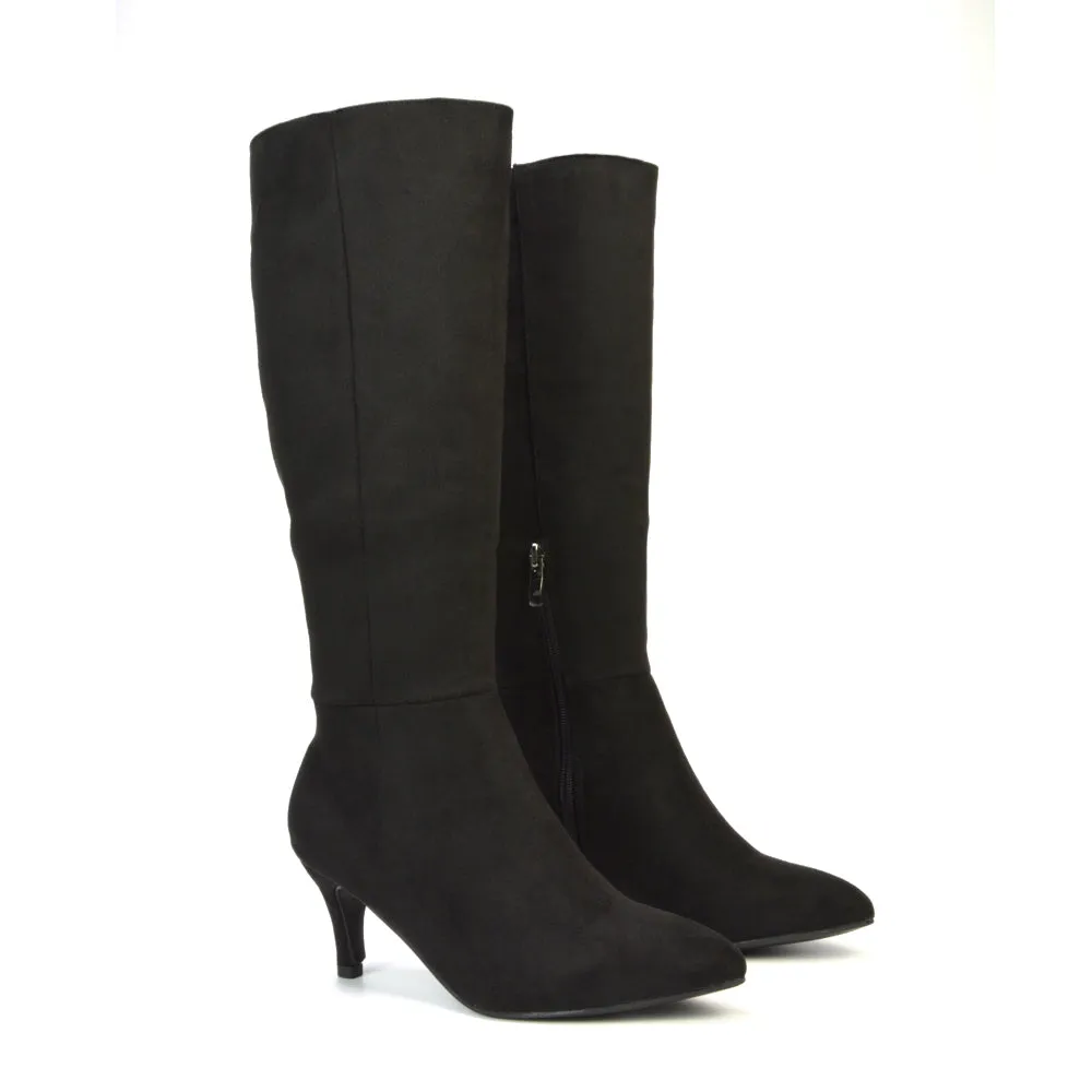 Narla Pointed Toe Mid Stiletto Heel Knee High Boots in Black Synthetic Leather