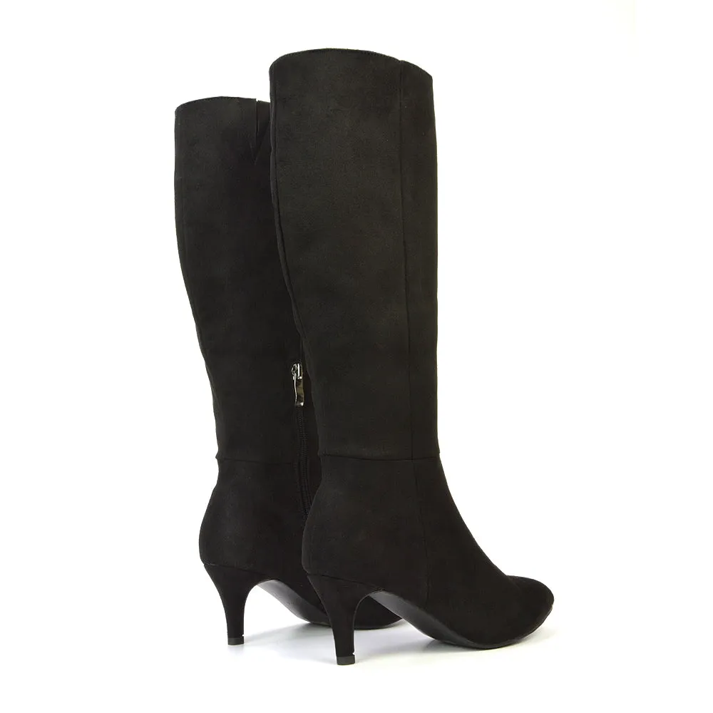 Narla Pointed Toe Mid Stiletto Heel Knee High Boots in Black Synthetic Leather