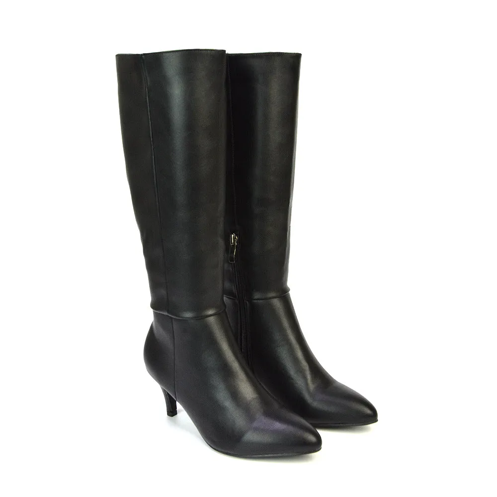 Narla Pointed Toe Mid Stiletto Heel Knee High Boots in Black Synthetic Leather