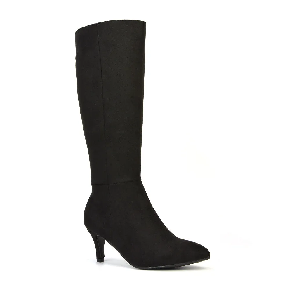 Narla Pointed Toe Mid Stiletto Heel Knee High Boots in Black Synthetic Leather