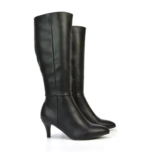 Narla Pointed Toe Mid Stiletto Heel Knee High Boots in Black Synthetic Leather