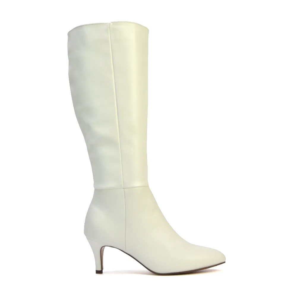 Narla Pointed Toe Mid Stiletto Heel Knee High Boots in White Synthetic Leather