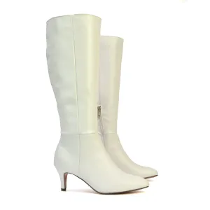 Narla Pointed Toe Mid Stiletto Heel Knee High Boots in White Synthetic Leather