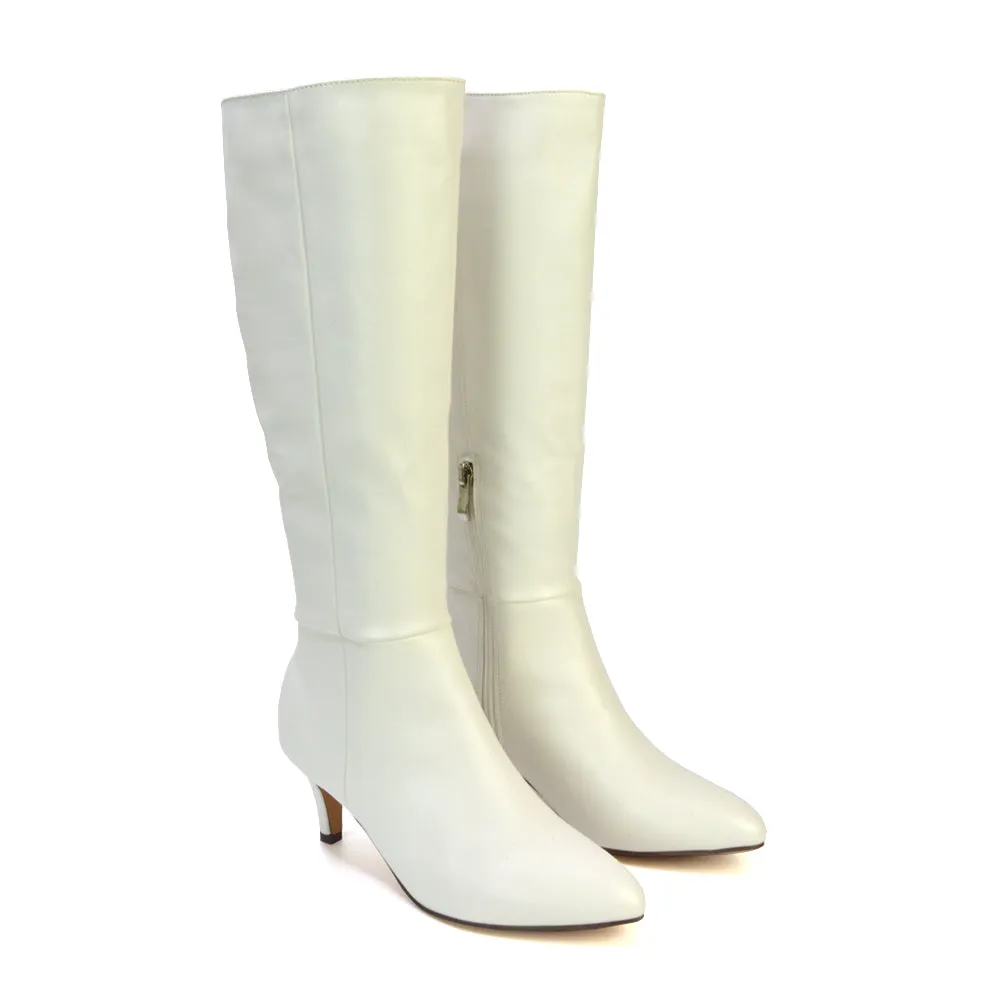 Narla Pointed Toe Mid Stiletto Heel Knee High Boots in White Synthetic Leather