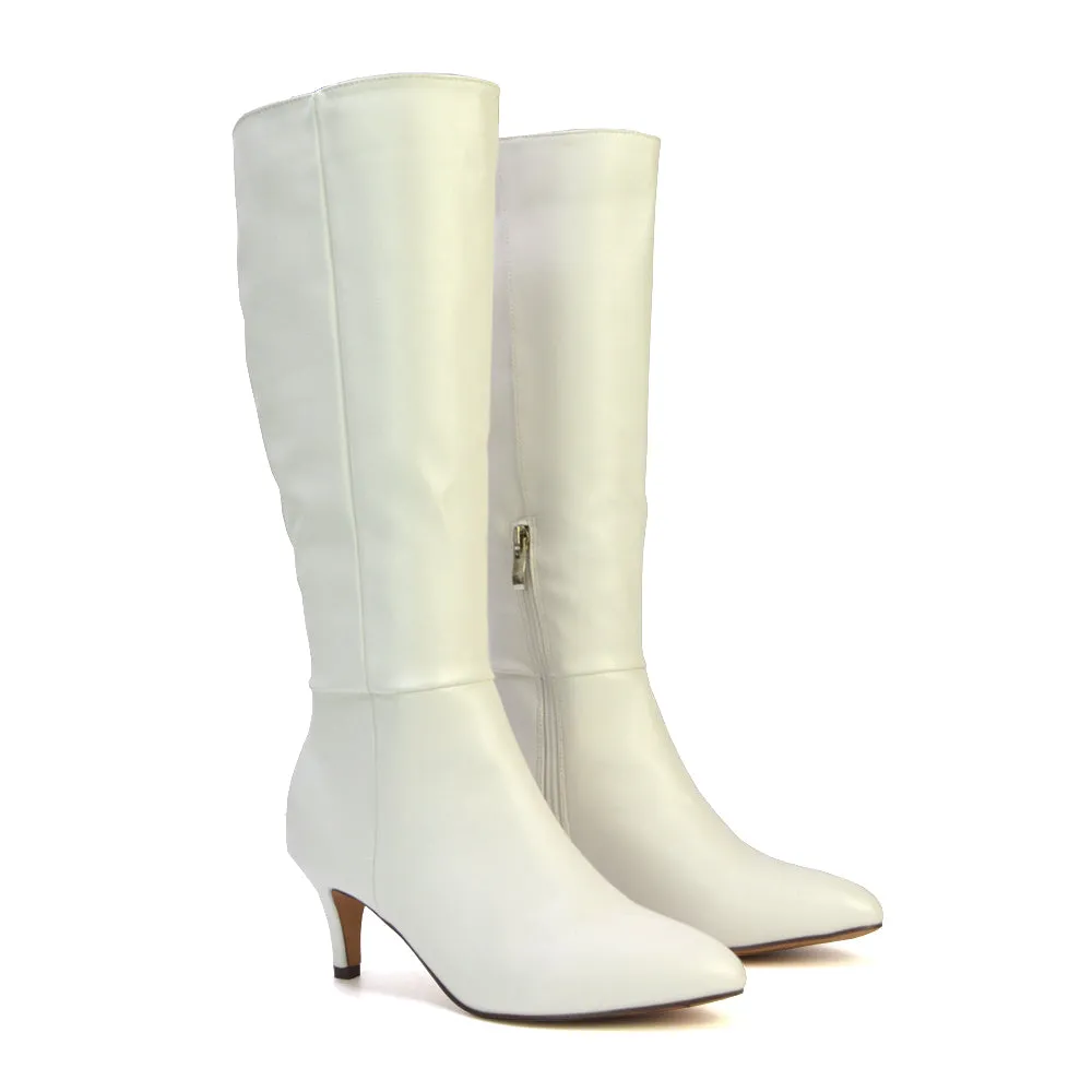 Narla Pointed Toe Mid Stiletto Heel Knee High Boots in White Synthetic Leather