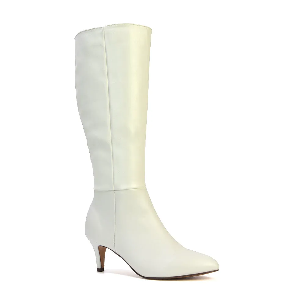 Narla Pointed Toe Mid Stiletto Heel Knee High Boots in White Synthetic Leather