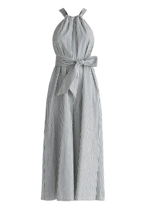 Navy and White Striped Halterneck Cotton Jumpsuit