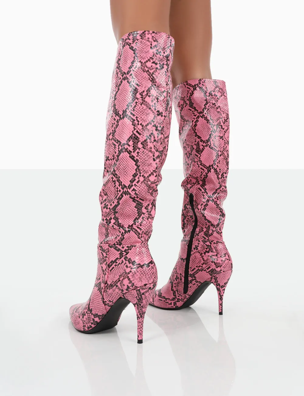 Nicole Pink Snakeskin Slouch Knee High Boots