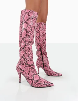 Nicole Pink Snakeskin Slouch Knee High Boots