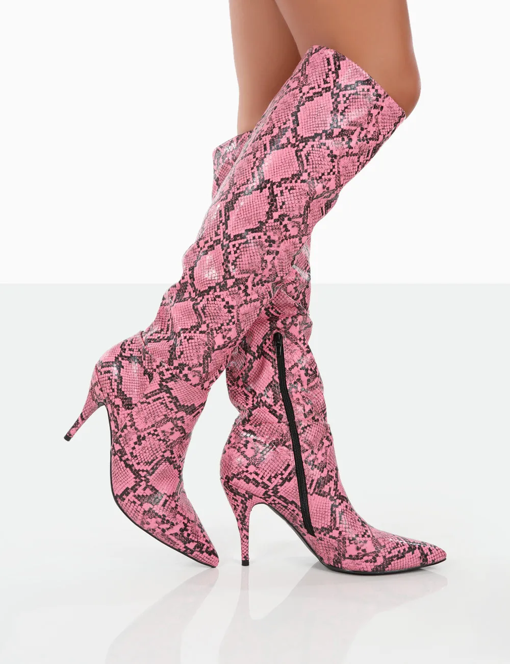 Nicole Pink Snakeskin Slouch Knee High Boots