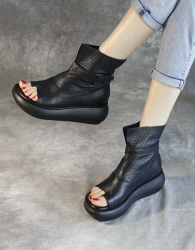 Open Toe Cut-out Retro Leather Women's Wedge Sandals