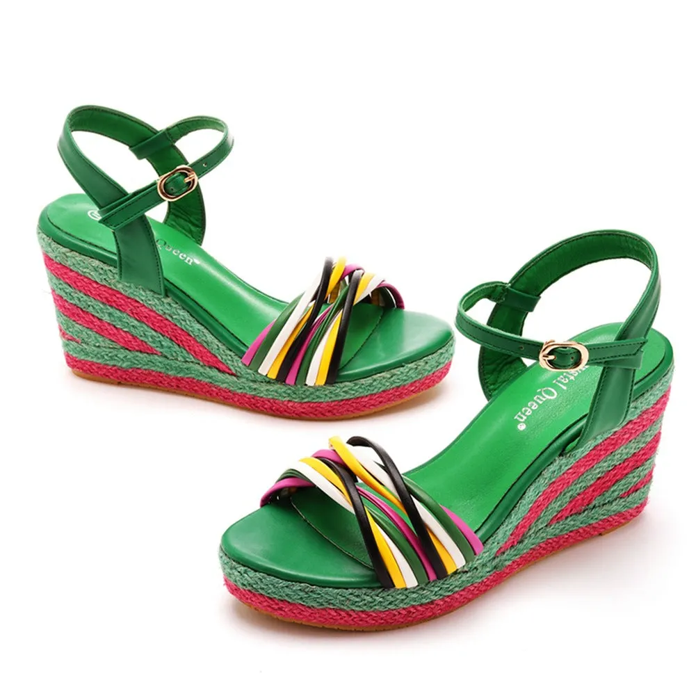 Open Toe Platform Sandals Woven Straw Wedges Beach Sandals