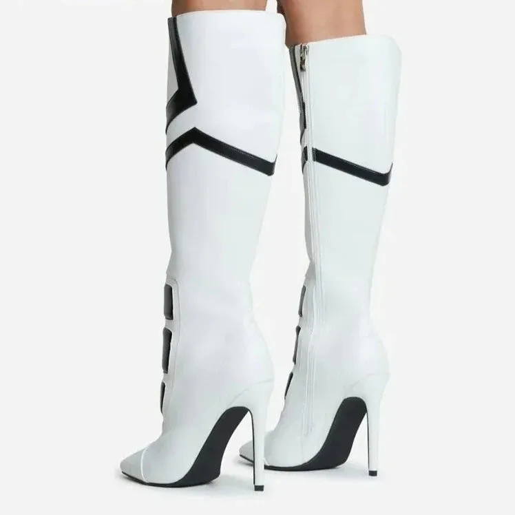 Patchwork Pointed Toe Knee-High Boots