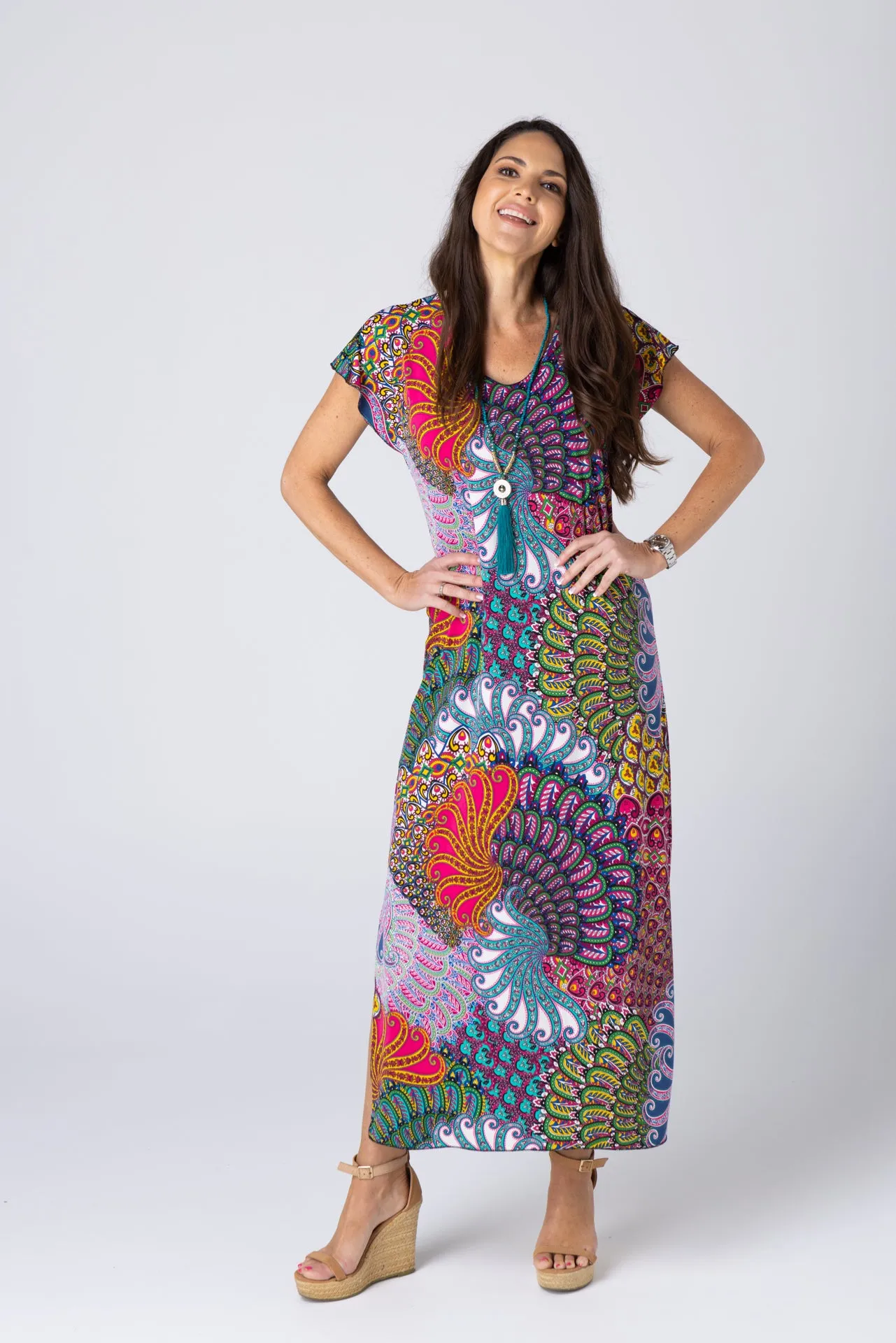 Peacock Print Short Sleeve Jersey Maxi Dress