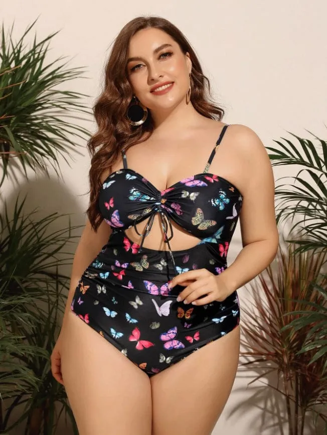 Plus Rainbow Butterfly Bandeau Tying Cut Out One-Piece