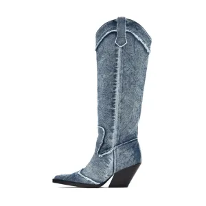 Pre Order:  Side Zip Denim Knee-High Boots