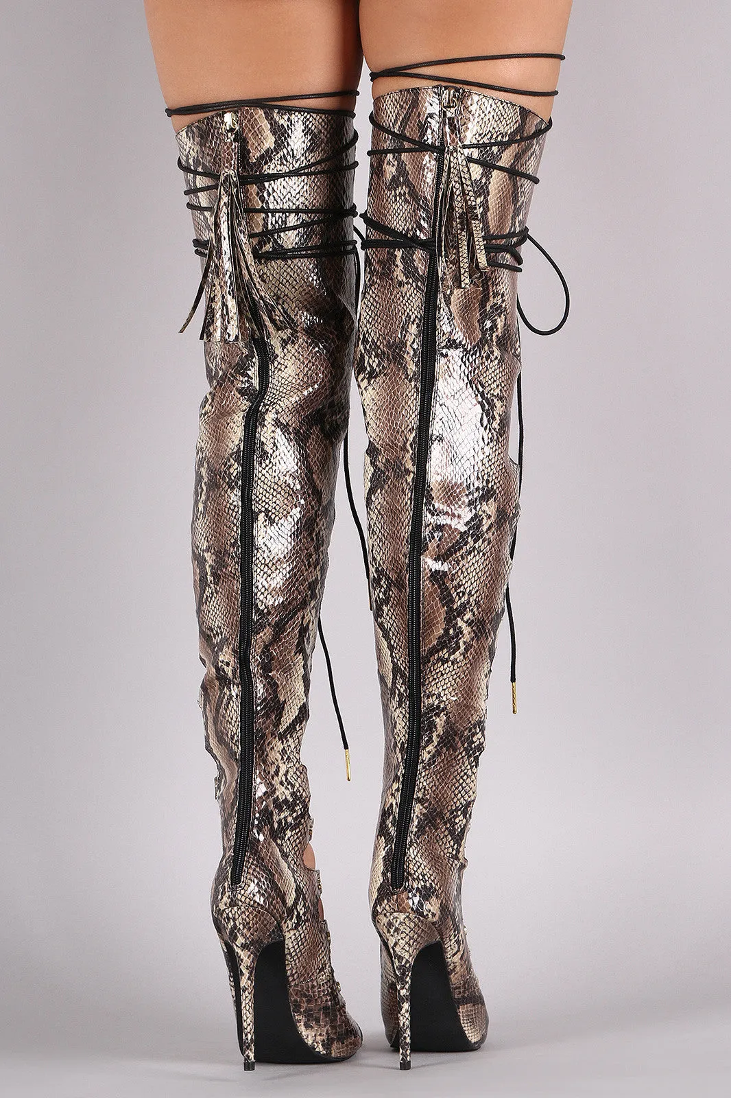 Python Corset Nail Studs Lace Up Stiletto Over-The-Knee Boots