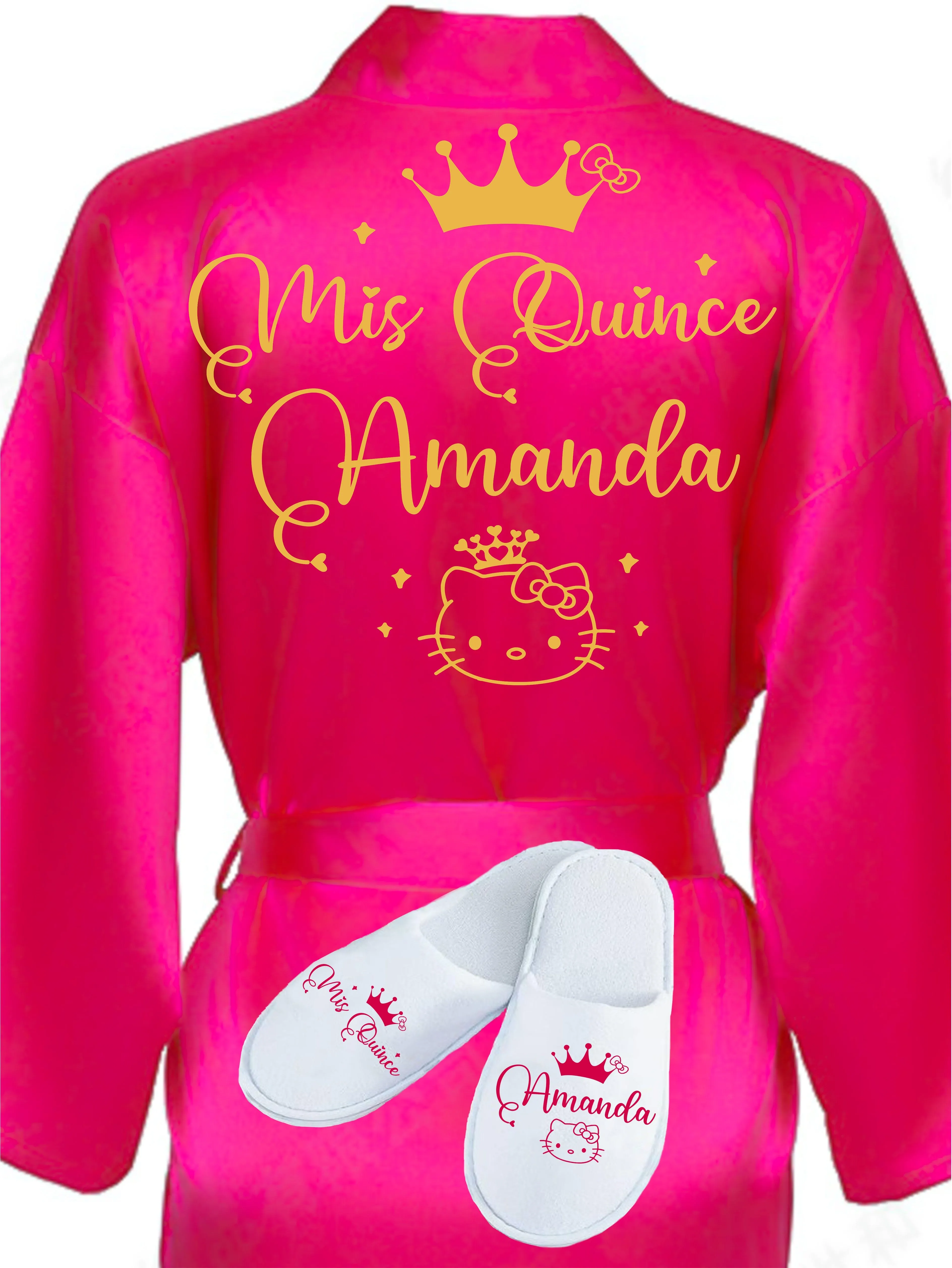 Quinceanera Fuchsia with Gold robe with slippers