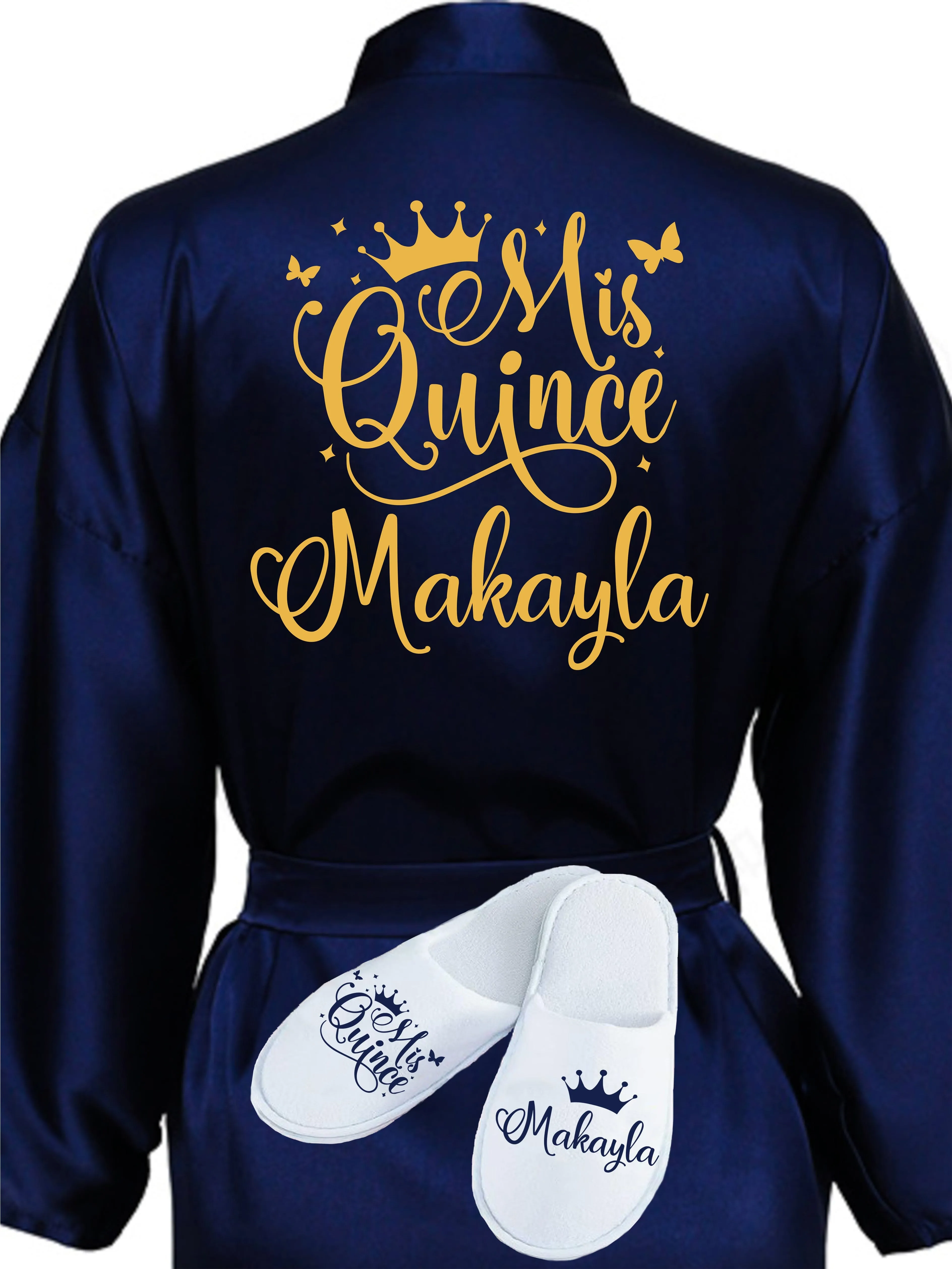 Quinceanera Navy Blue with Gold robe with slippers