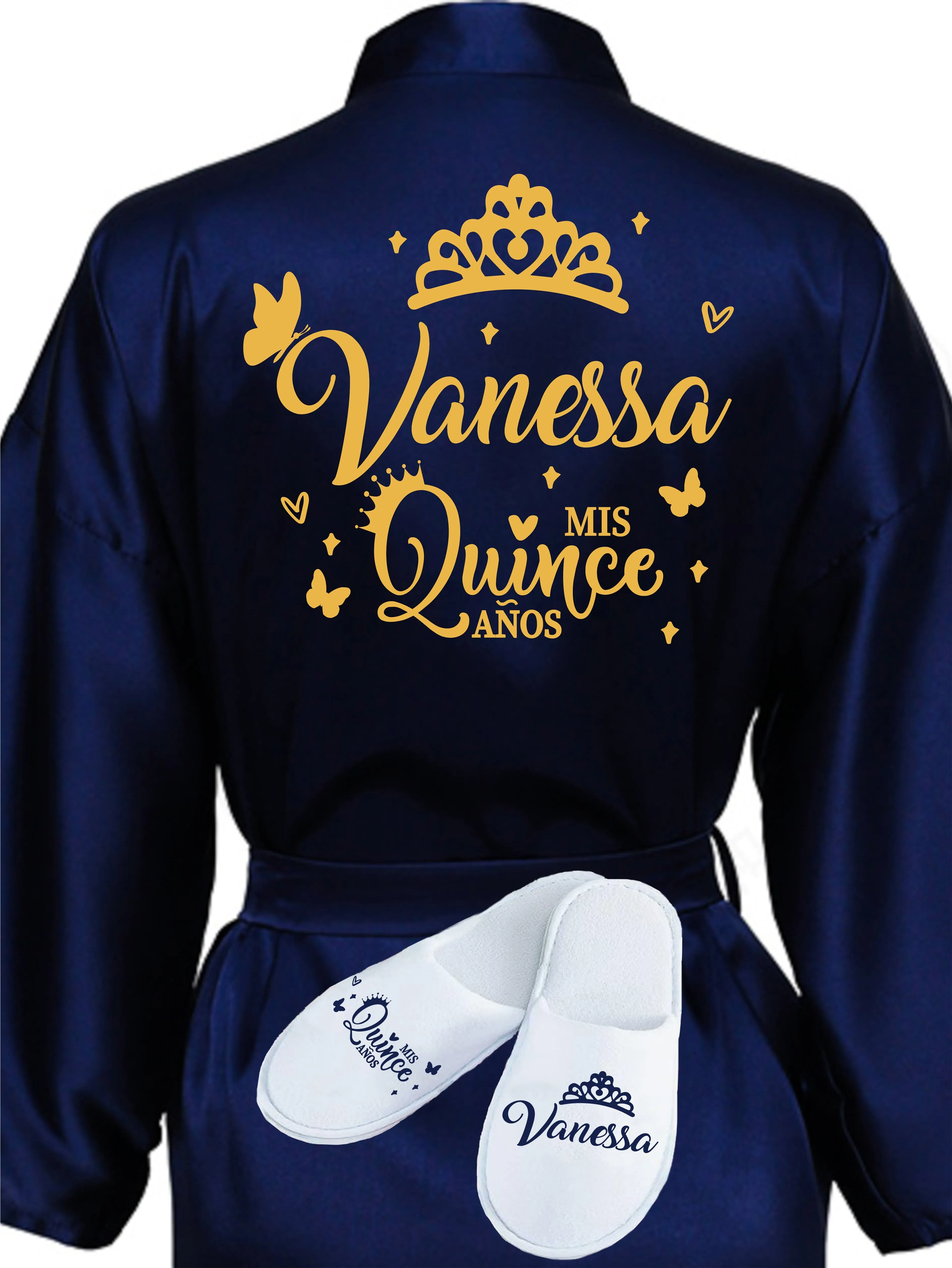 Quinceanera Navy Blue with Gold robe with slippers