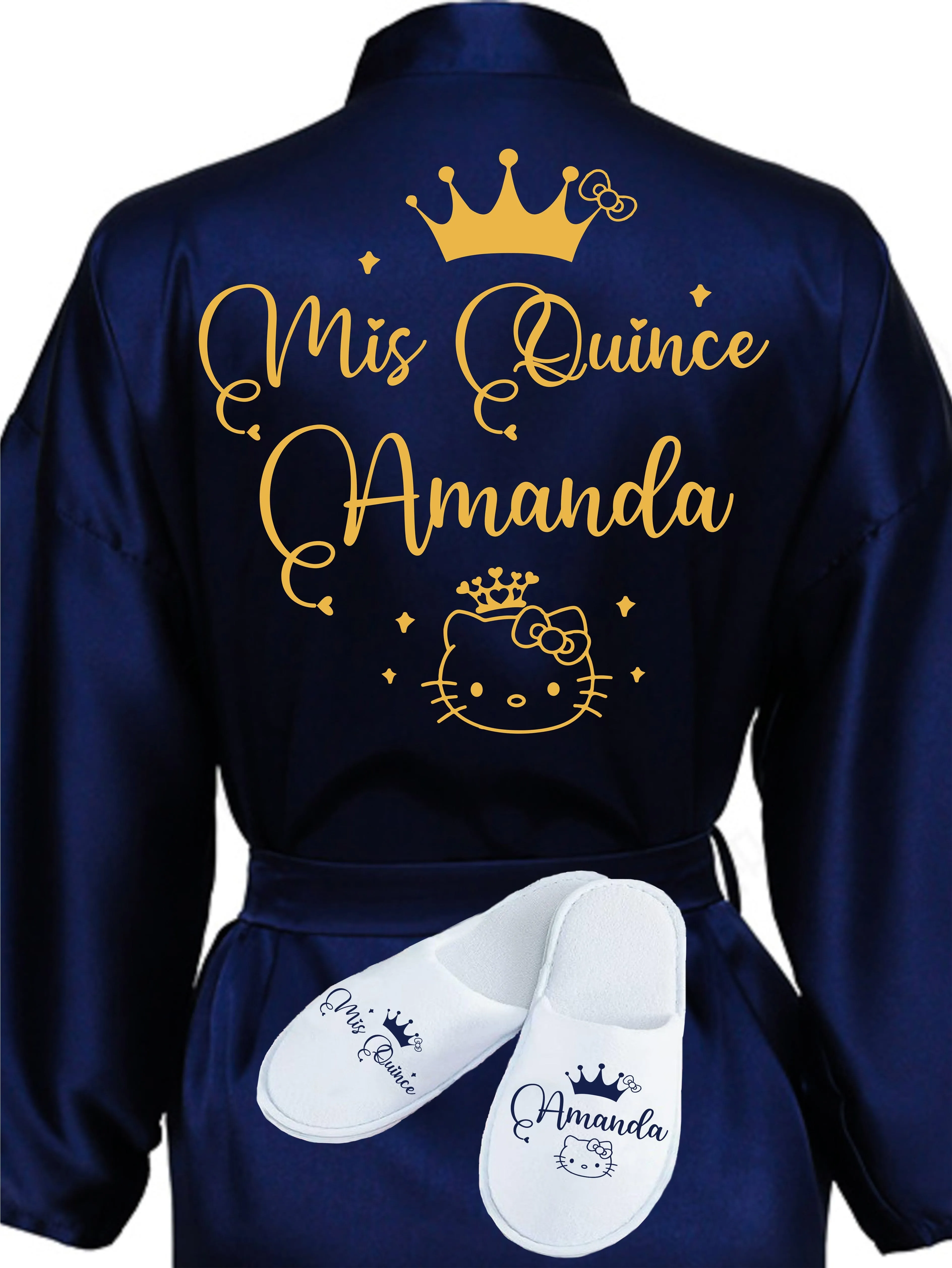 Quinceanera Navy Blue with Gold robe with slippers