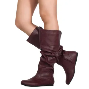 "Medium Calf" Slouchy Knee High Boots WINE PU