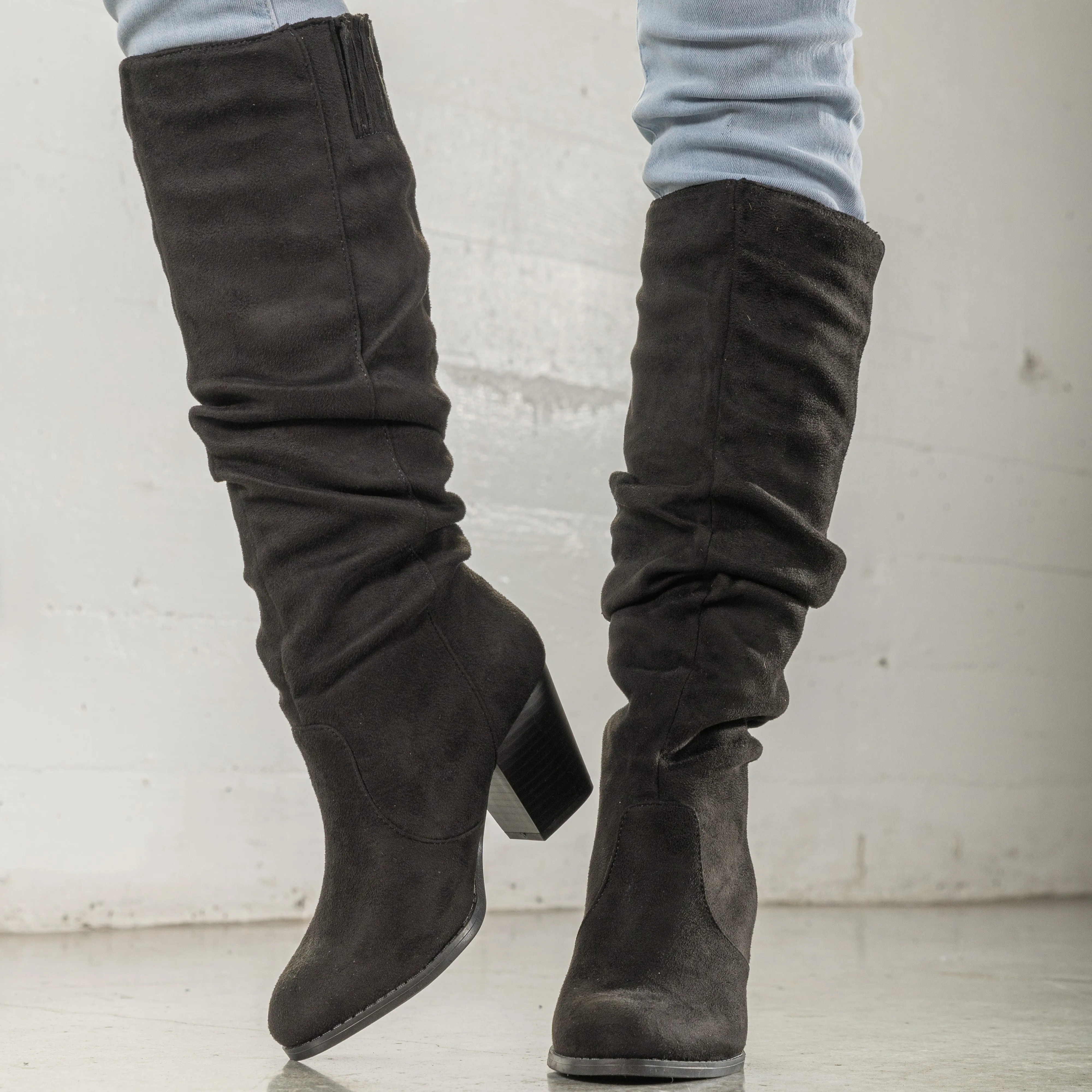 "Regular Calf" Stacked Heel Dress Knee High Boots BLACK