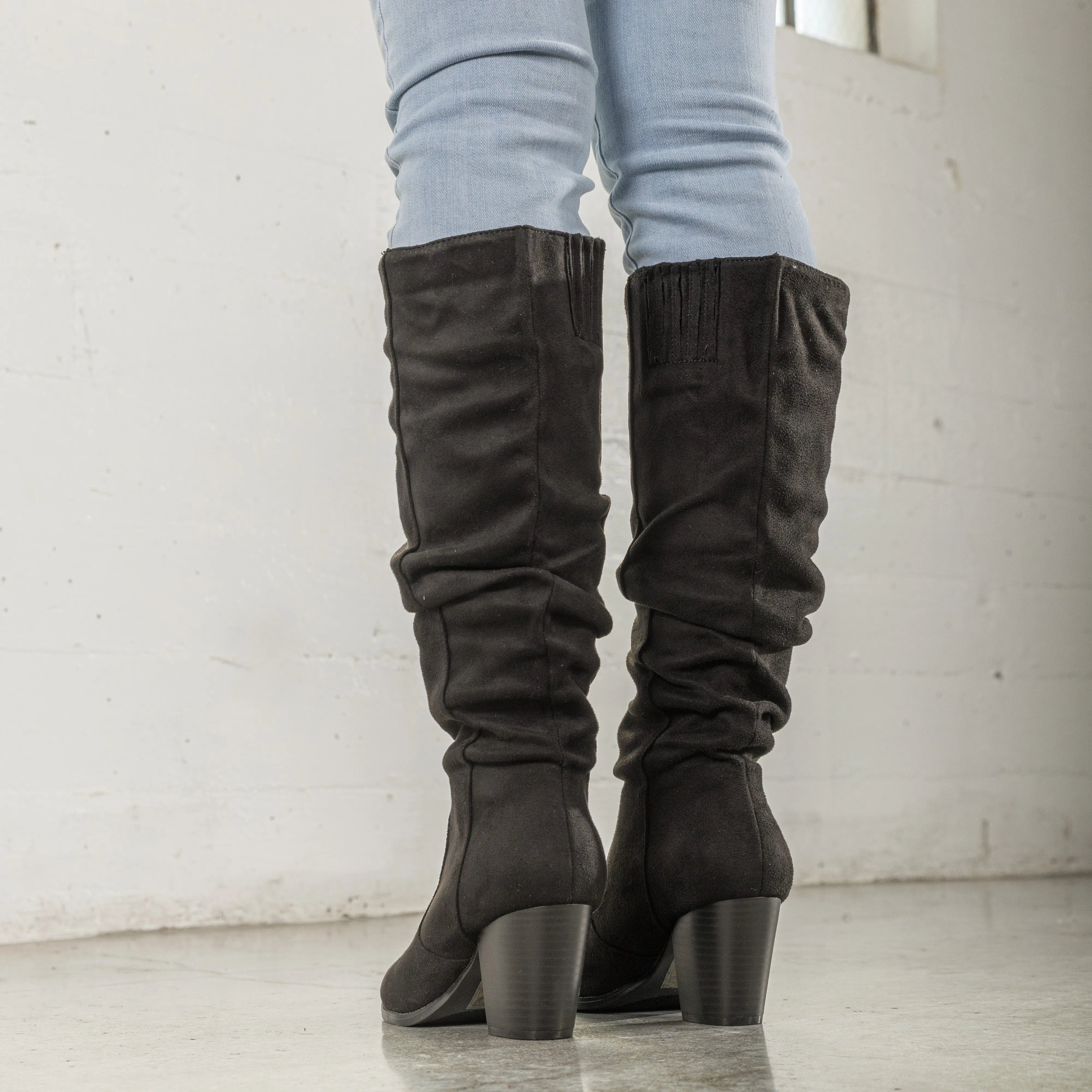 "Regular Calf" Stacked Heel Dress Knee High Boots BLACK