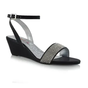 REAGAN DIAMANTE SPARKLY FRONT STRAP BUCKLE DETAIL SANDAL WEDGE LOW HEELS IN BLACK