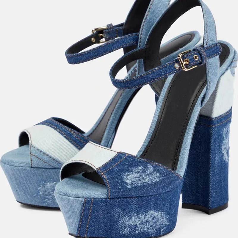 Retro Spliced Worn Out Denim Sandals