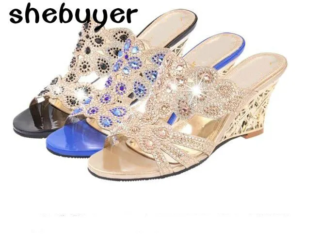 Rhinestone Women Wedges Sandals Elegant Sexy Open Toe Woman Sandels Shoes Cut Out Heel Flowers Ladies Party Wedding Shoes