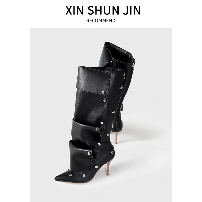 Rivet Buckle Stiletto Heel Denim Pleated Pile Up Boots