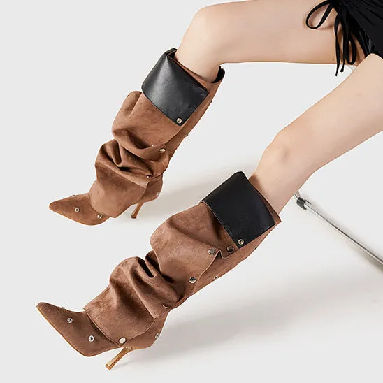 Rivet Buckle Stiletto Heel Denim Pleated Pile Up Boots