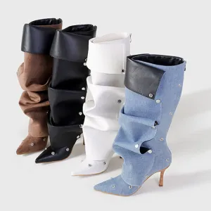 Rivet Buckle Stiletto Heel Denim Pleated Pile Up Boots