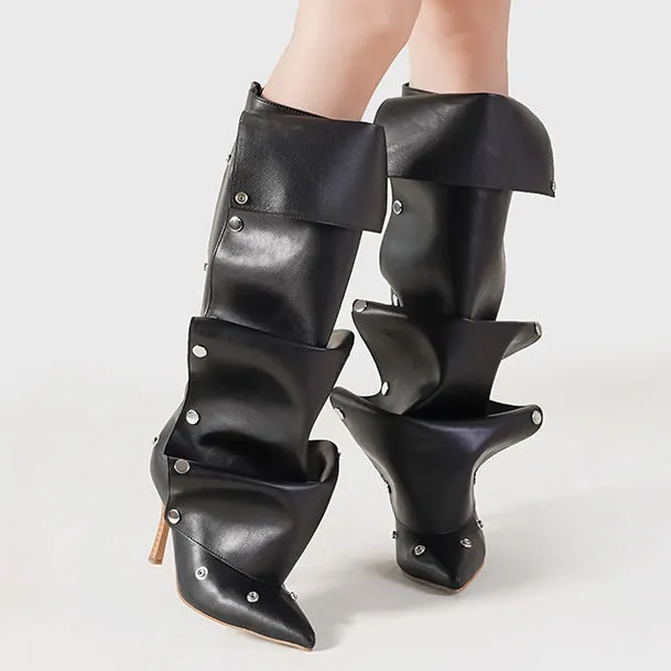 Rivet Buckle Stiletto Heel Denim Pleated Pile Up Boots