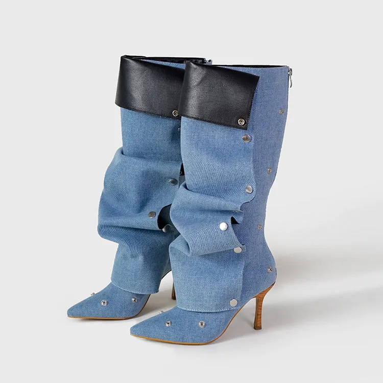 Rivet Buckle Stiletto Heel Denim Pleated Pile Up Boots