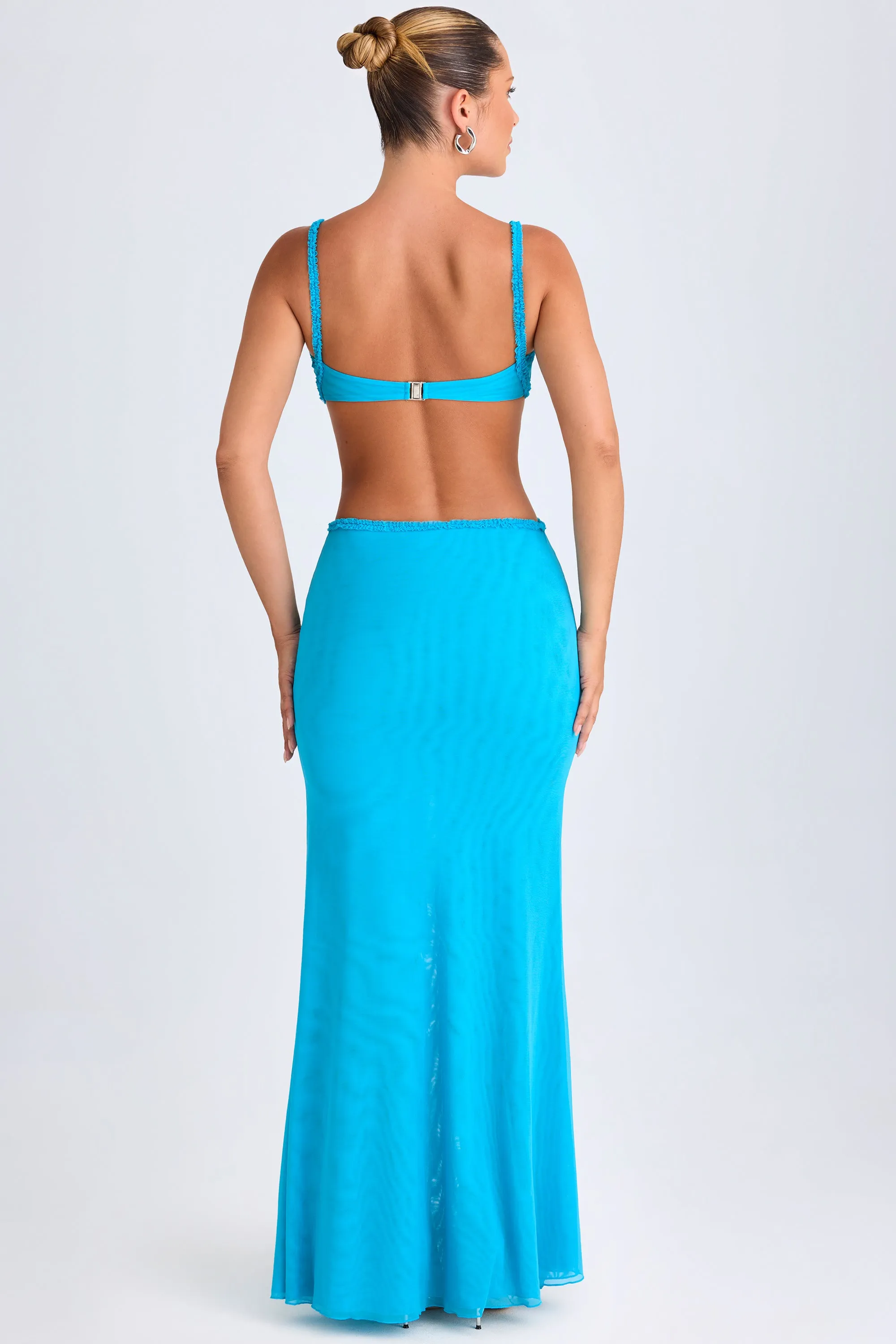 Ruffle-Appliqué Cut-Out Maxi Dress in Aqua Blue