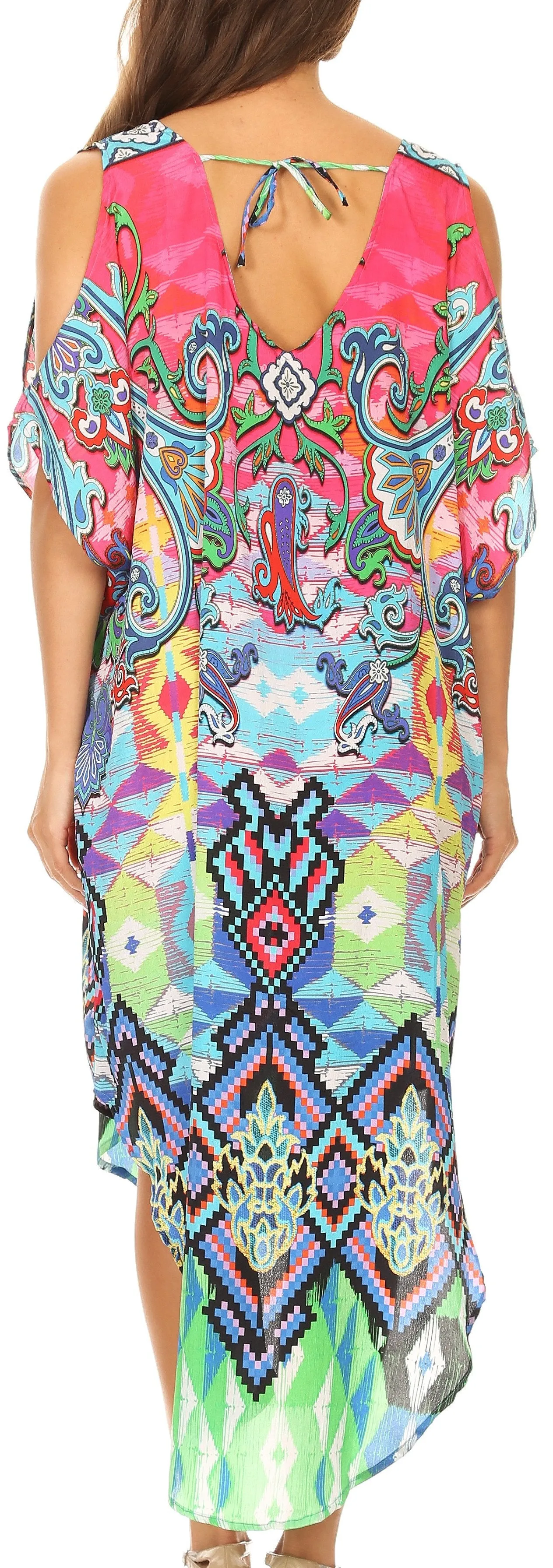 Sakkas Jelani Hi Low V-neck Off Shoulder Printed Dress with Rhinestones