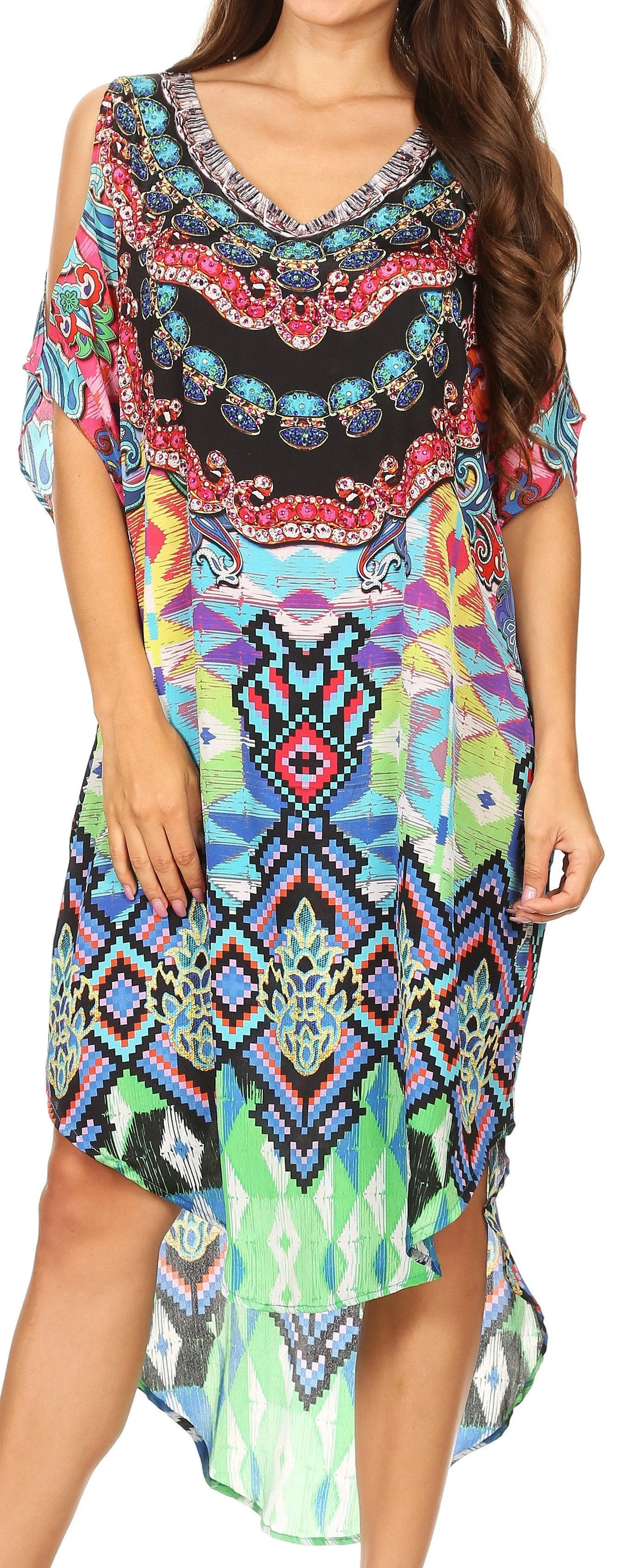 Sakkas Jelani Hi Low V-neck Off Shoulder Printed Dress with Rhinestones