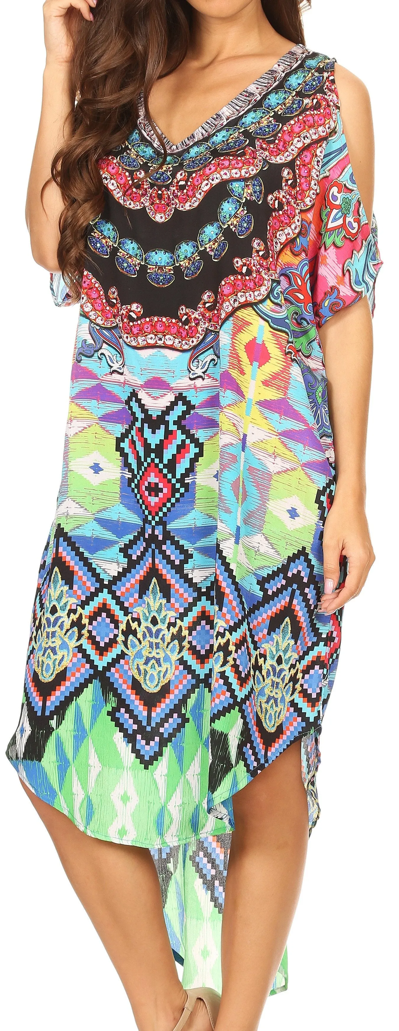 Sakkas Jelani Hi Low V-neck Off Shoulder Printed Dress with Rhinestones