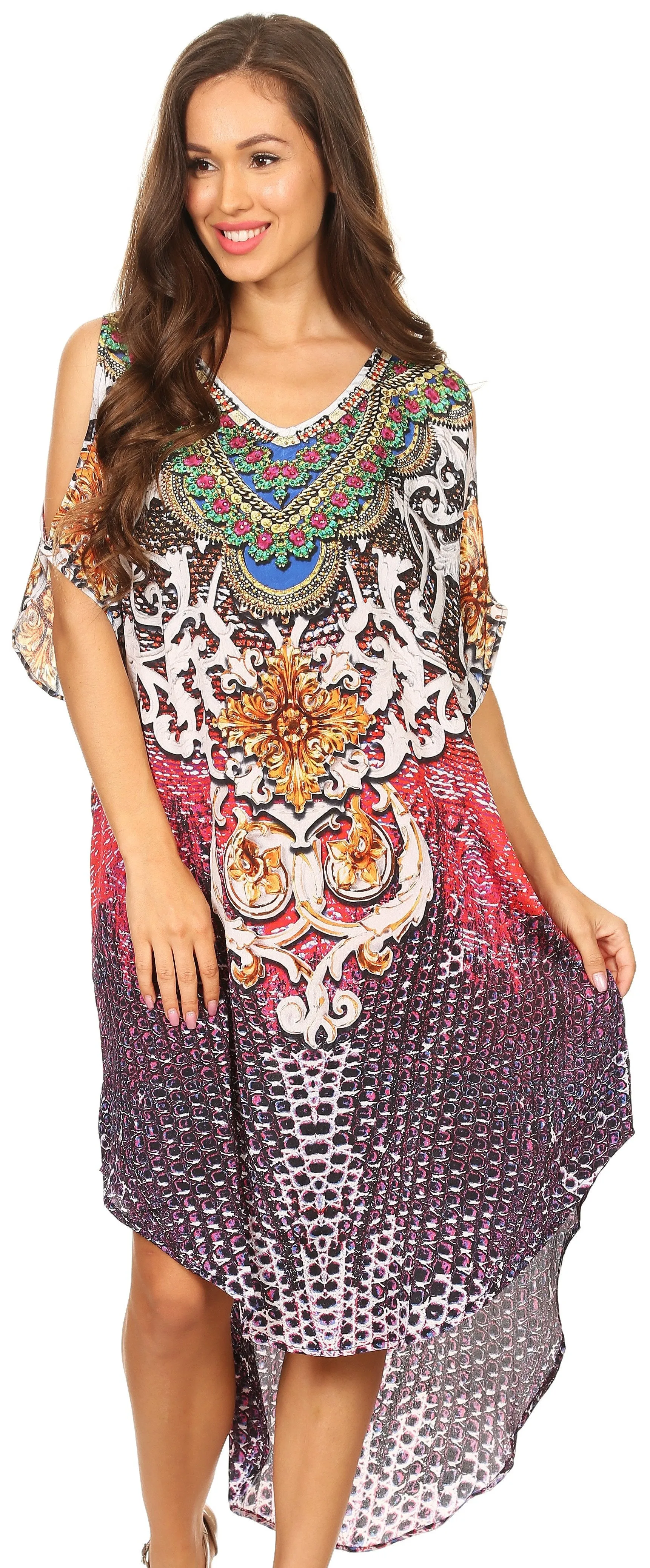 Sakkas Jelani Hi Low V-neck Off Shoulder Printed Dress with Rhinestones