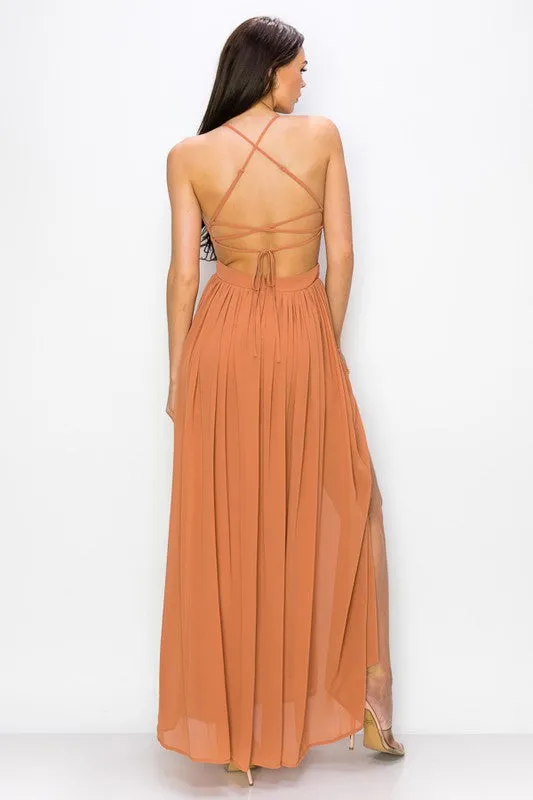 Sand Maxi Dress Chiffon Cut Out Waist Open/strap Back