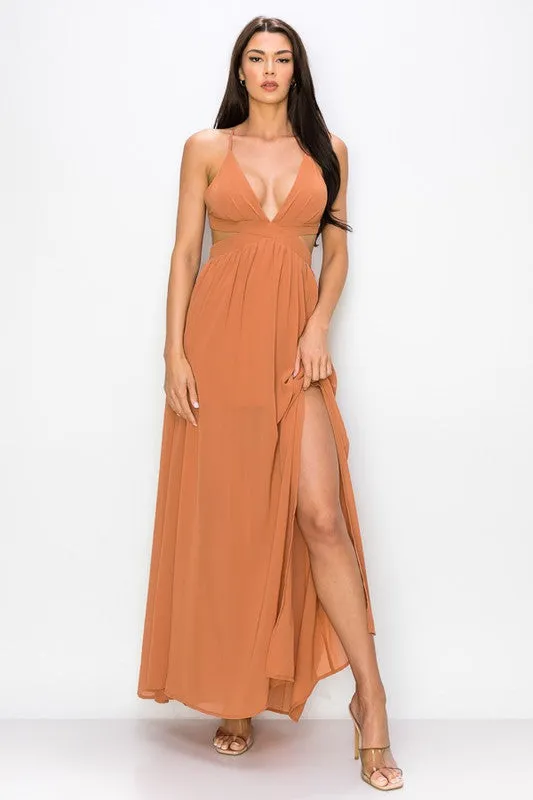 Sand Maxi Dress Chiffon Cut Out Waist Open/strap Back