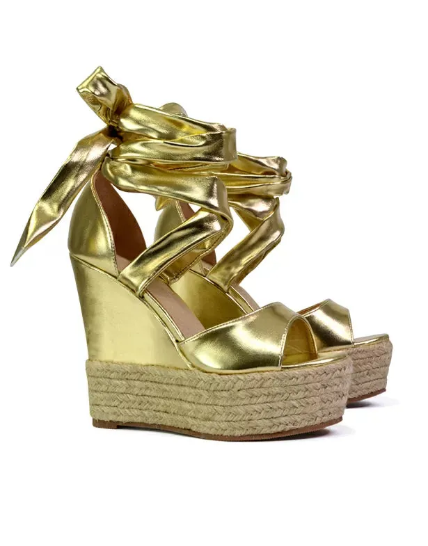 Sansa Strappy Lace up Woven Effect Platform High Heel Sandal Wedges In Gold