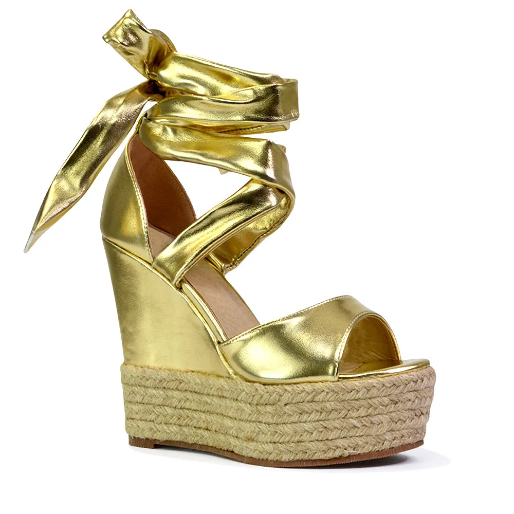 Sansa Strappy Lace up Woven Effect Platform High Heel Sandal Wedges In Gold