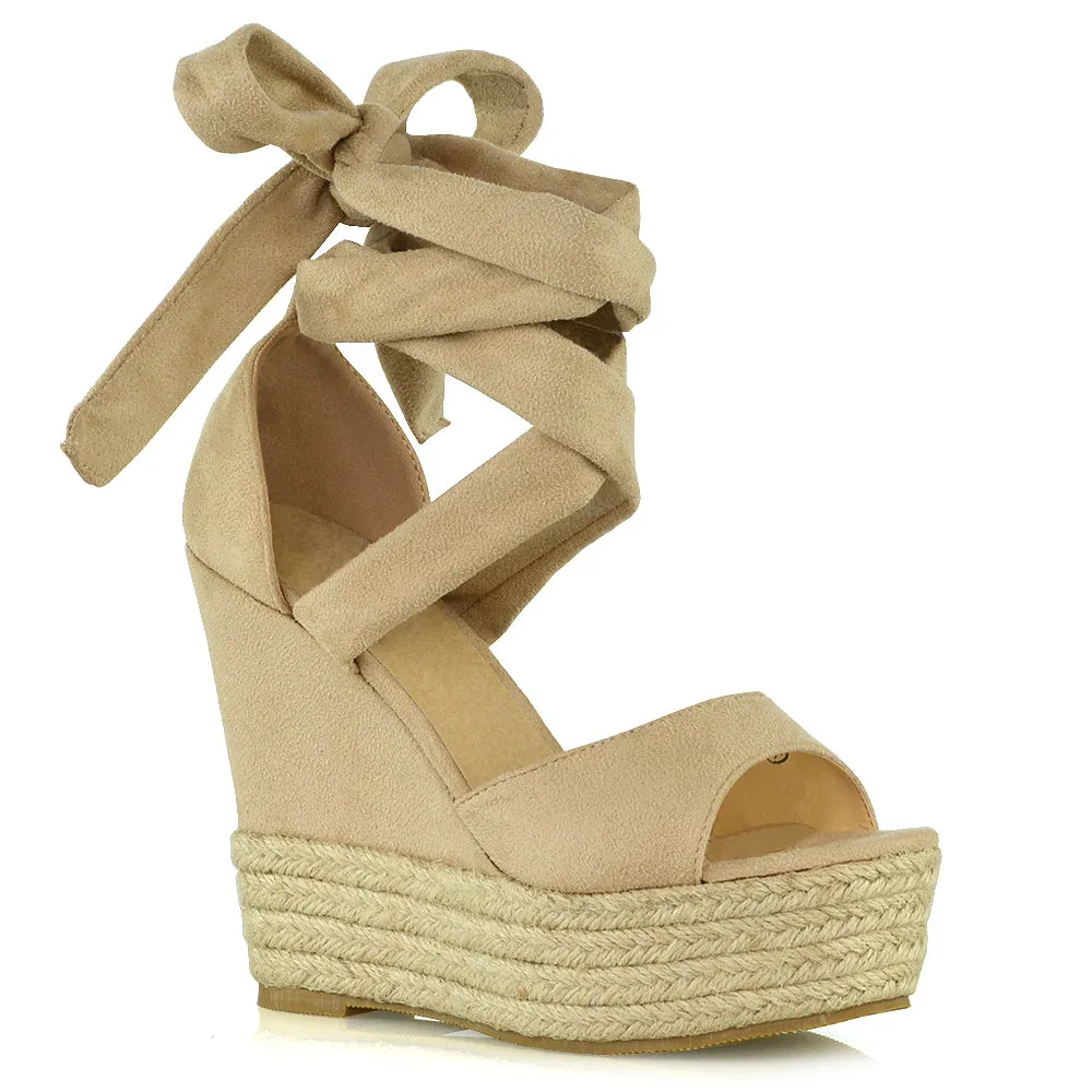 Sansa Strappy Lace up Woven Effect Platform High Heel Sandal Wedges In Gold